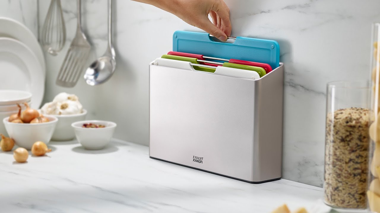 Joseph Joseph 4piece cutting board set with holder Folio Grey