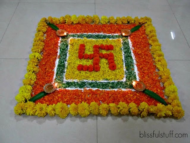 Diwali special rangoli design with marigold flowers iv by poonam borkar