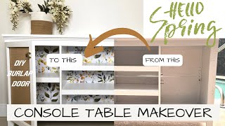 How To Make A Burlap Cabinet Door | Media Console Makeover | Furniture Upcycle