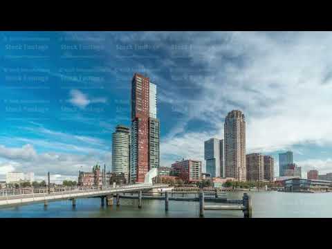 Hyperlapse of the Rijnhaven Bridge with skyscrapers in Rotterdam, Netherlands.