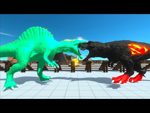 BLACK SUPERMAN T-REX vs GREEN ALIEN SPINOSAURUS DEATH RUN - Animal Revolt Battle Simulator