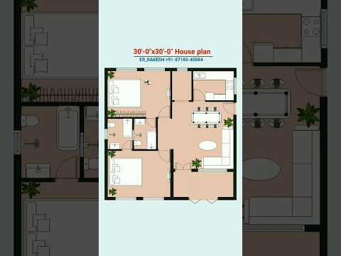 30x30 house plan 2bhk 30 by 30, 30*30 #floorplan #house_plan #shorts #viral