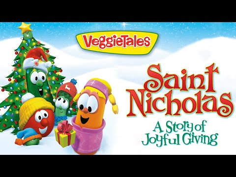 VeggieTales Saint Nicholas: A Story of Joyful Giving cover with colorful veggie characters around a Christmas tree.