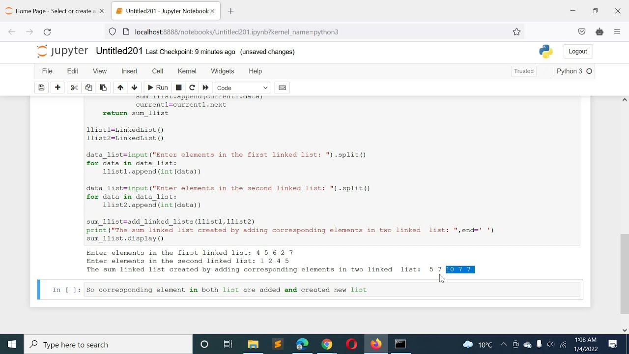Python Program to Add Corresponding Positioned Elements of 2 Linked Lists