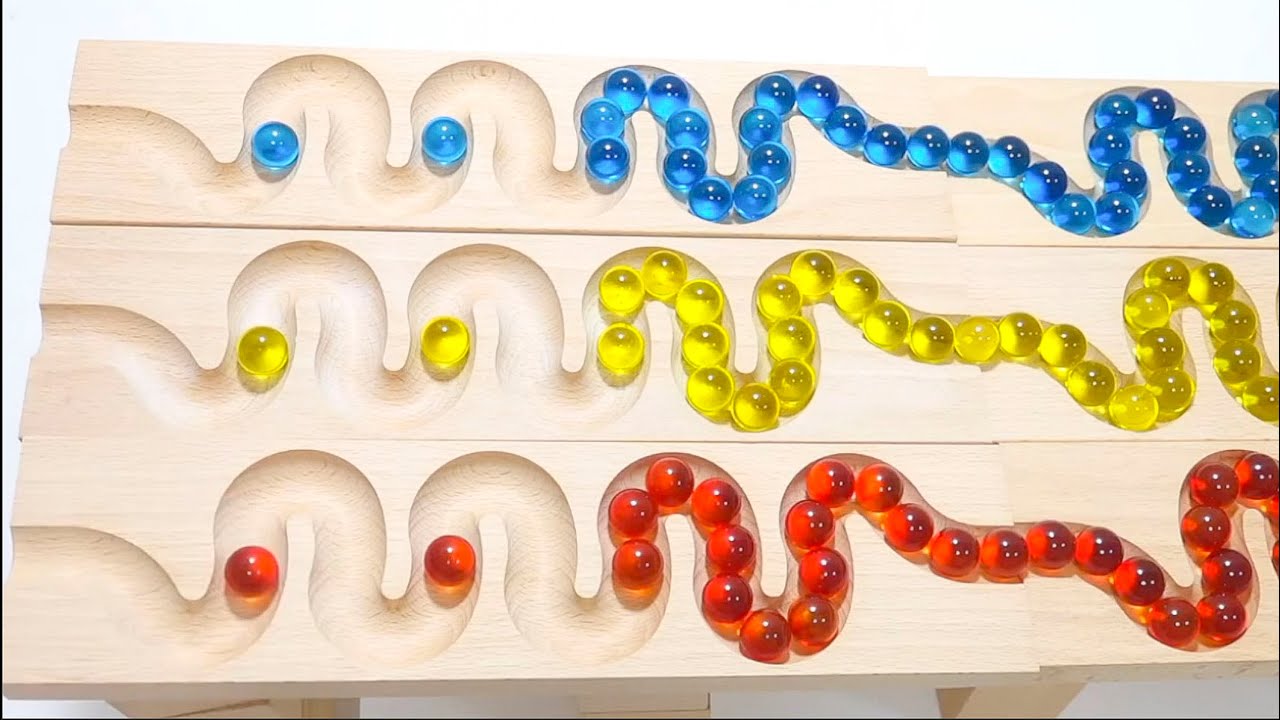 Marble Run Race ASMR☆HABA slope with three rows of colorful marbles and mini cars.