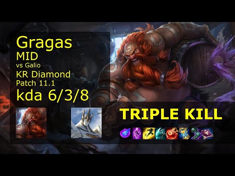 Gragas vs Galio Mid - KR Diamond 6/3/8 Patch 11.1 Gameplay // [롤] 그라가스 vs 갈리오 미드