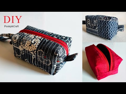 How to sew a zipper box pouch - with no raw edges!!! | Zippered box pouch tutorial | กระเป๋าทรงกล่อง