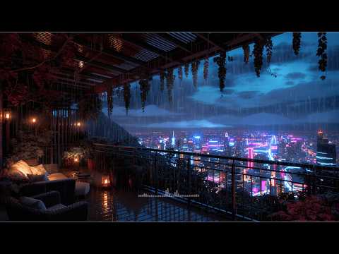 Tokyo Rain Lofi – Heavy Rain on a Futuristic Skyline Balcony | Sleepy Chill Beats | 4K
