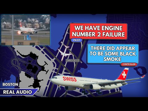 Engine failure. Swiss Airbus A330 rejects takeoff and stops on runway at Boston Airport. Real ATC