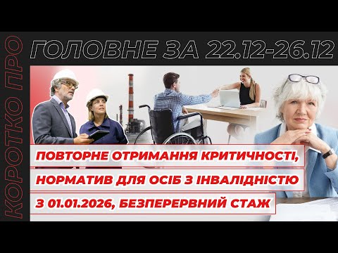 відео прев’ю для Продовження критичності, норматив для осіб з інвалідністю з 01.01.2026, безперервний стаж та графік відпусток–2026.  Коротко про головне за тиждень 22.12–26.12.2025