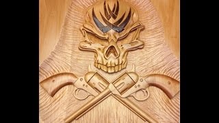 How to carve a large skull and Colt 45 crossbones relief style wall plaque
