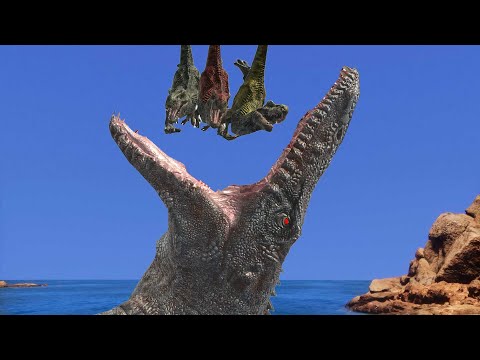 MOSASAURUS vs T-REX Fight in the log tunnel - Animal Revolt Battle Simulator ARBS
