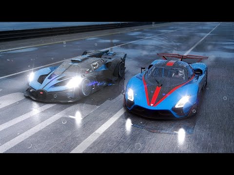 2022 SSC Tuatara Aggressor vs Bugatti Bolide - Drag heavy rain at Special Stage Route X [ULTRA 4K]