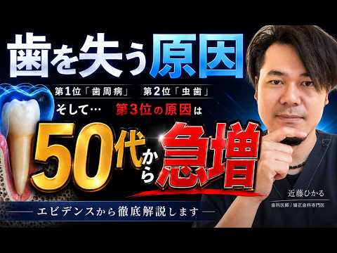 【歯を失う原因】第1位：歯周病　第2位：虫歯　第3位：50代から急増
