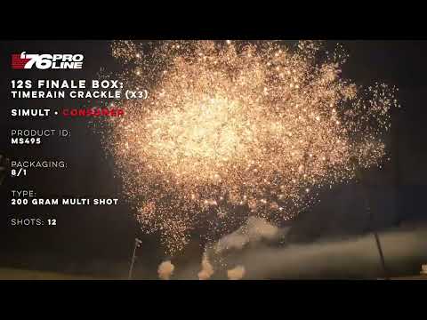 MS495 12s Finale Box: Timerain Crackle - 200 Gram Multi Shot Firework - '76 Pro Line (Pro Use Only)