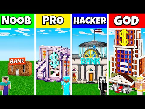 EPIC Minecraft Battle: NOOB vs PRO vs HACKER vs GOD- BANK ROBBERY HOUSE BASE BUILD CHALLENGE