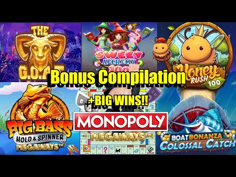 Thumbnail for video: Bonus Compilation + Community BIG WINS!! Monopoly Megaways Maxed, Honey Rush 100 & Much More