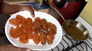 5 Fried Chicken Wing Portions $2.40/ Fried Sweet Potato Fries $1 00/ $3.40