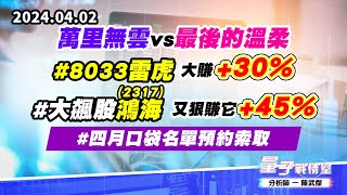 【量子戰情室】#陳武傑0402 萬里無雲vs最後的溫柔 #8033雷虎 大賺+30%#大飆股2317鴻海又狠賺它+450% #四月口袋名單預約索取 (圖)