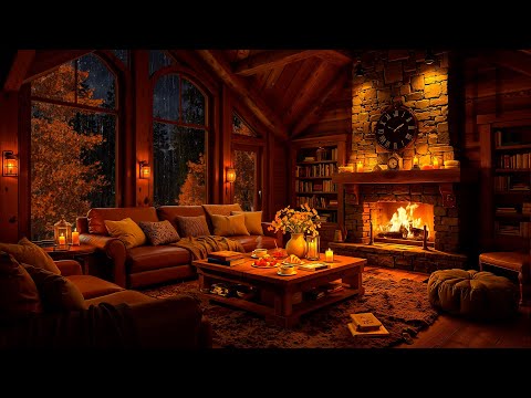 Rainy Night in Cozy Autumn Reading Nook Ambience 🍂 Slow Jazz with Rain & Fireplace Sounds for Sleep