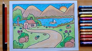 preview picture of video 'How to draw simple scenery for kids | village scenery for kids | drawing for beginners'