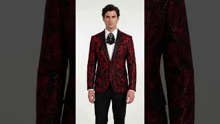 Mens Sequin Christmas Holiday Blazer – Luxury Party Jacket for New Year Jacket Sparkly Dinner Jacket in color "Burgundy Red & Black Floral" video