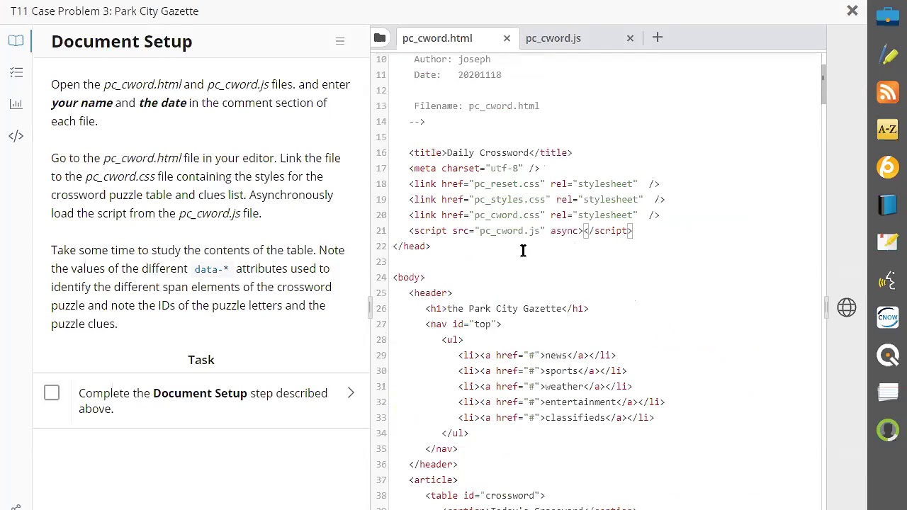 Tutorial 11 Case Problem 3: Park City Gazette Crossword Puzzle Page