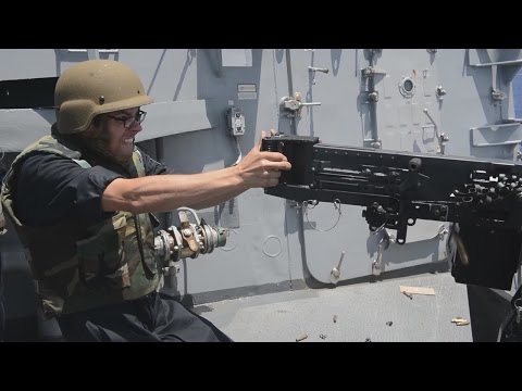 12.7 mm Machine Gun Shooting Aboard a U.S Destroyer Ship