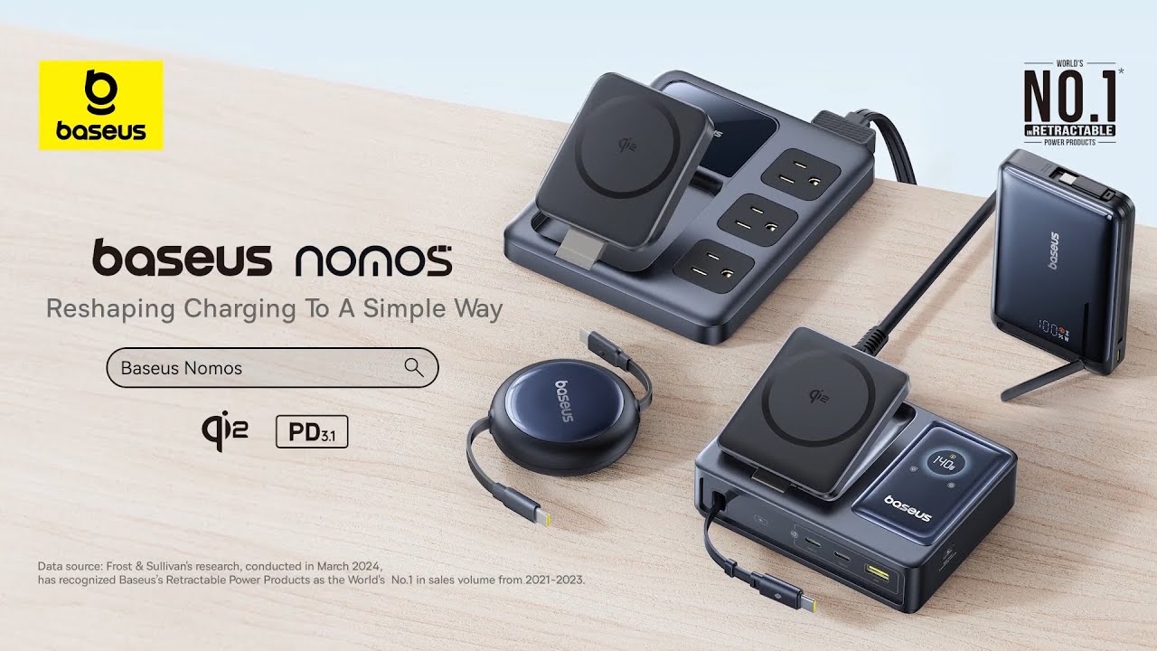 Baseus Nomos 5 in 1 Retractable Desktop Charger  100W USB C, Qi2 Wireless, Fast Charging Station