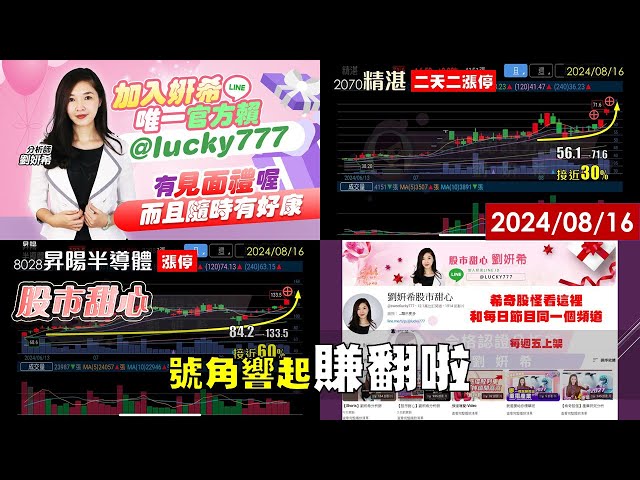08/16【甜心盤後影音】狂賀！號角響起賺翻啦，精湛、友威科亮燈漲停！太普高、京城、橋椿、亞光、慶豐富再創新高！