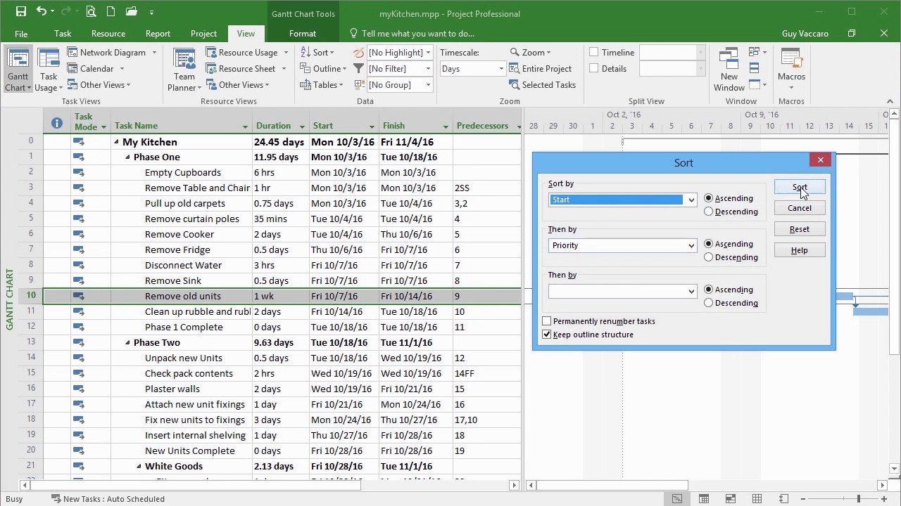 Microsoft Project 2016 Tutorial - An Introduction to Sorting and Filtering Tasks