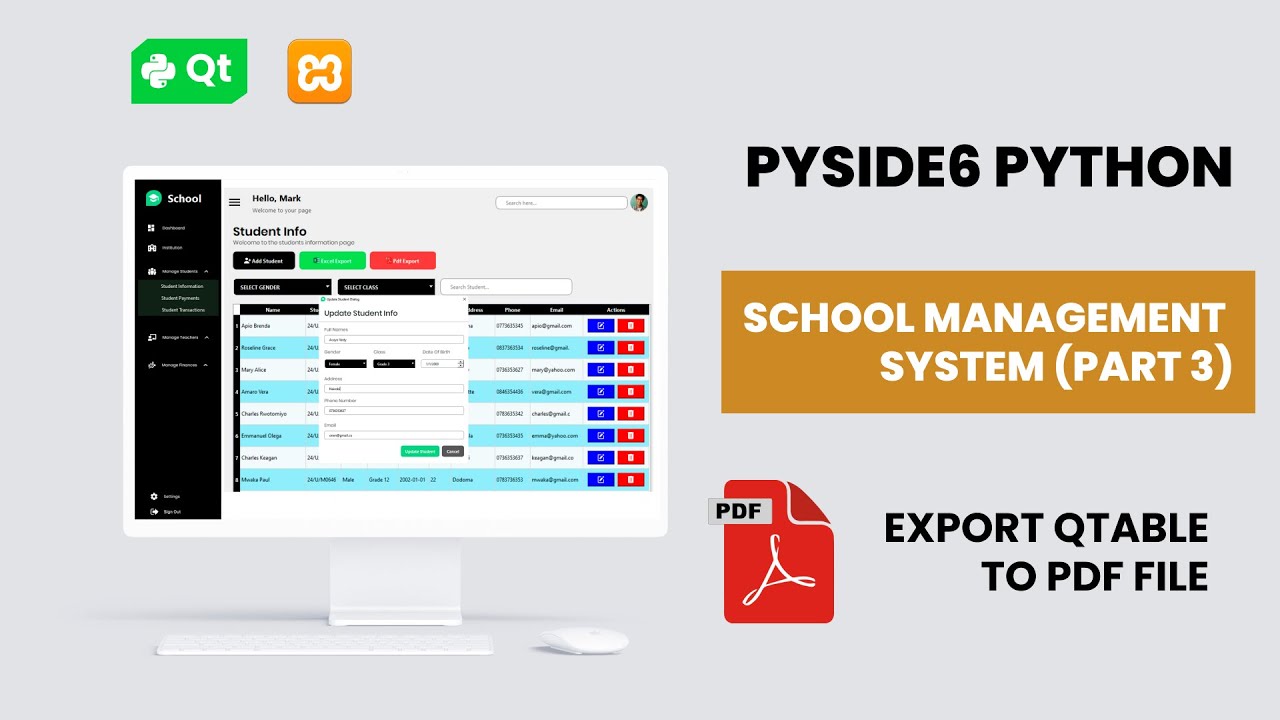 Export QTable To PDF File Using Python Pyside6 | School management system (Part 3) | 2024