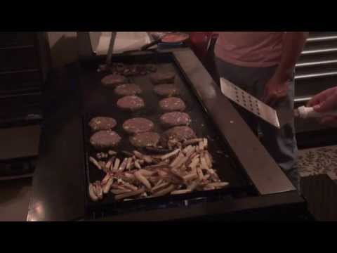 Hamburger-Fries-Mushrooms on a Griddle Top