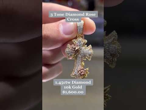 3 Tone Diamond Rose Cross Pendant by Ijaz Jewelers