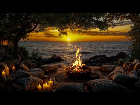 (NO ADS) Golden Sunset by the Shore 🌊✨ | Soothing Waves & Firelight for Inner Calm