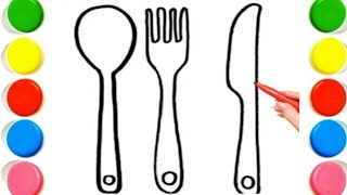 How To Draw cute spoon and fork Drawing, Painting & Coloring For Kids and Toddlers_🌈🎨
