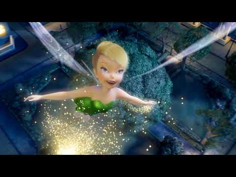 Trailer frame of Tinker Bell gliding through dandelion seeds, echoing airy strings and harp