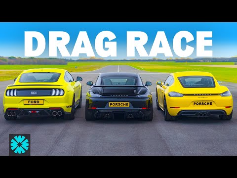 Porsche Cayman GT4 v 718 Cayman v Ford Mustang Mach 1 1/4 MILE RACE