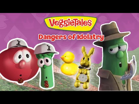 VeggieTales thumbnail with colorful veggie characters and the title Dangers of Idolatry on a purple background