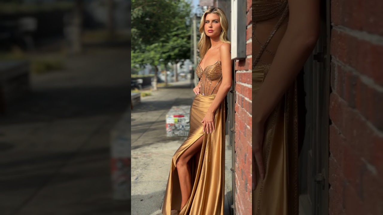 strapless sienna gold dress CD773 with a beaded corset bodice and satin fitted skirt #GoldDress