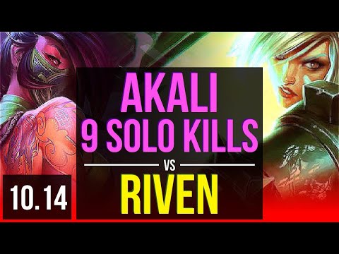 AKALI vs RIVEN (TOP) | 1.0M mastery points, 9 solo kills, 2 early solo kills | EUW Master | v10.14