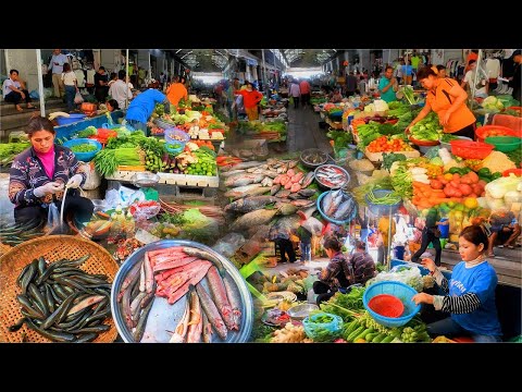 Amazing Cambodian Mixed Market Food. Daily Food, Fish, Vegetables, Meat, Fruits and Dessert.