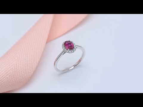 Unheated Ruby & Diamond Oval Halo 18k White Gold Ring 0.80ctw