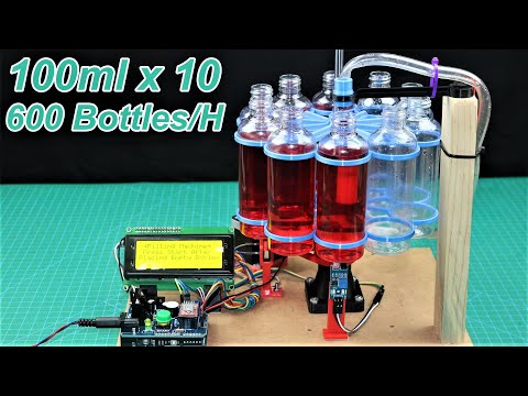 Part of a video titled DIY 10 Bottle Filling Machine using Arduino - 600 Bottles/Hour - YouTube