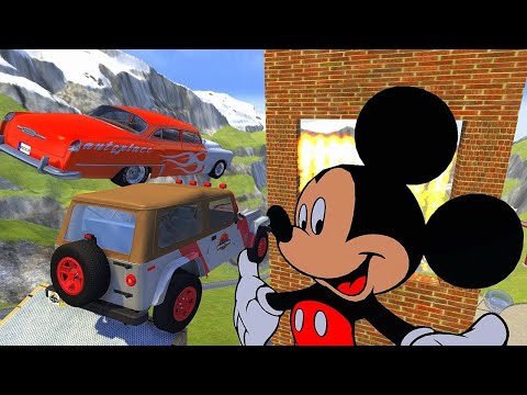 BeamNG drive Fun Madness - Crazy Vehicle High Speed Jumps Over Giant Mickey Mouse In Fire Wall