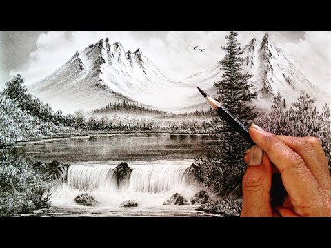 winter mountain waterfall landscape scenery drawing by pencil// Bob ross style drawing//