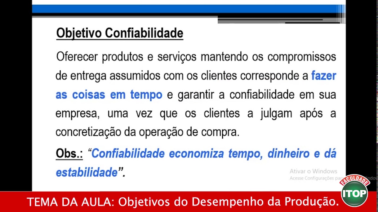 ADMINISTRAÇÃO - OBJETIVOS DO DESEMPENHO DA PRODUÇÃO - Faculdade ITOP