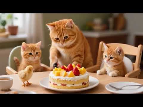 Mama Cat Makes a Delicious Strawberry Cake for Little Orange and Gains a Chick Friend