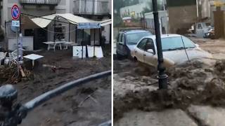 A Lipari i torrenti esondano per il maltempo e il fango scorre come un fiume in piena tra le stra...