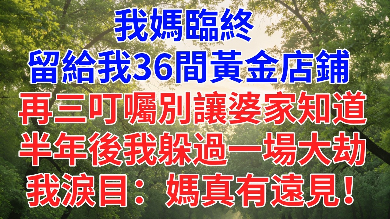 我媽留給我36間黃金店鋪， 再三叮囑別讓婆家知道， 半年後我躲過一場大劫， 我淚目：媽真有遠見！#為人處世#故事#小說#生活經驗#情感故事#戀愛#情感#婚姻